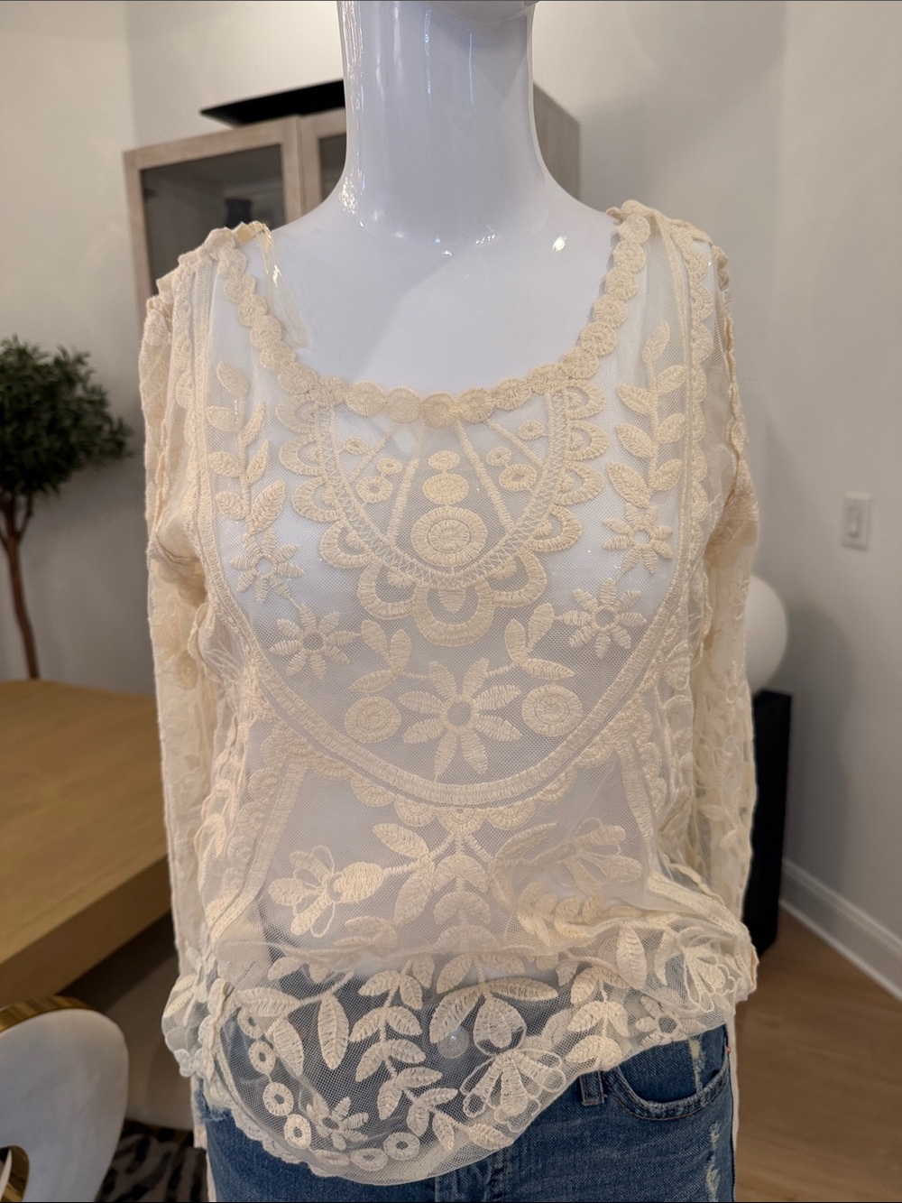 Women's Cream Lace Embroidered Long-Sleeve Top